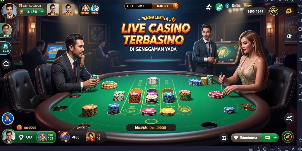 Screenshot gameplay 5RT menampilkan dealer langsung dan suasana kasino yang nyata.