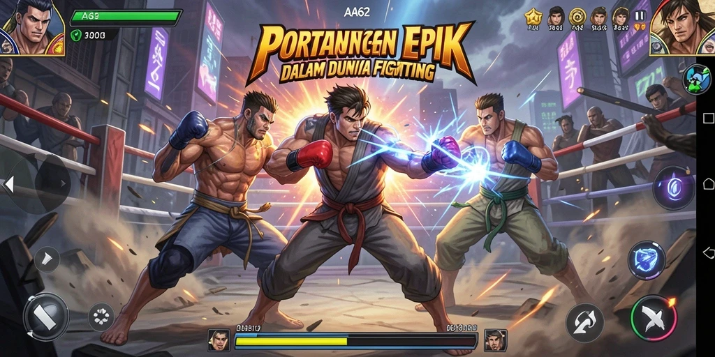 Screenshot gameplay AA62 dengan pertarungan seru dan karakter dinamis.