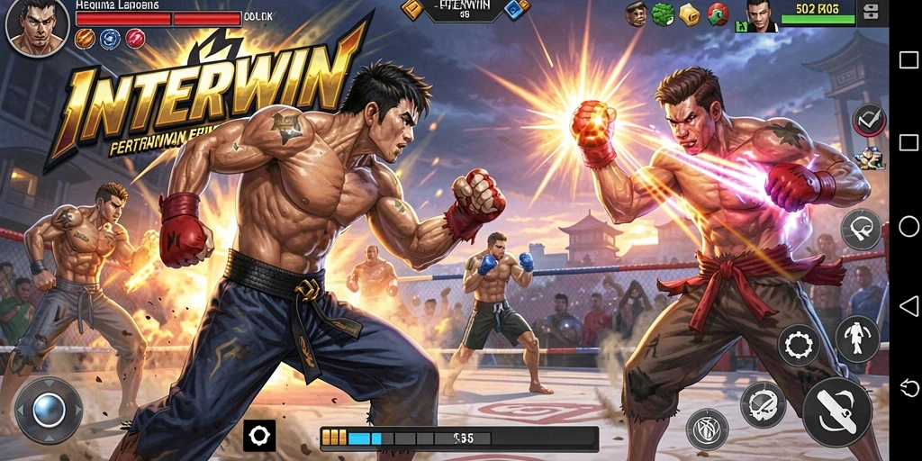 Tangkapan layar INTERWIN yang menunjukkan aksi pertarungan seru di arena.