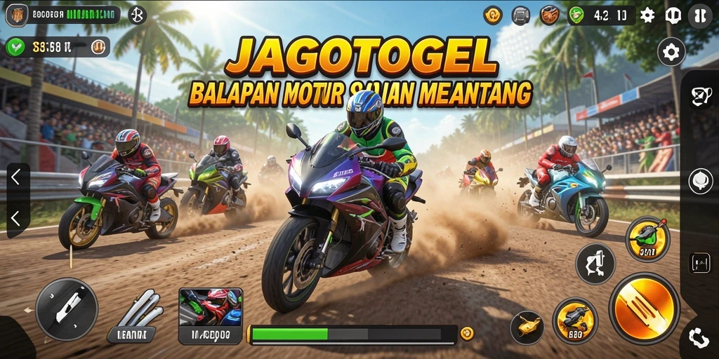Screenshot utama JAGOTOGEL menampilkan adu kecepatan motor balap di trek.