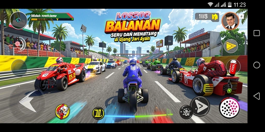 Tampilan gameplay menegangkan dalam LOS303 saat kendaraan melaju di lintasan balap.