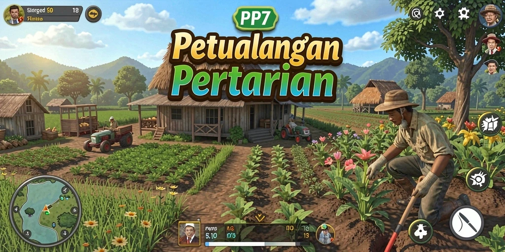 Tampilan gameplay menarik dari PP7 yang menggambarkan dunia pertanian.