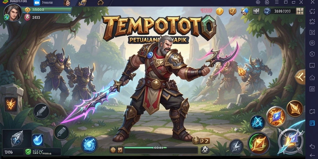 Screenshot gameplay TEMPOTOTO menampilkan pertarungan epik dan eksplorasi dunia.