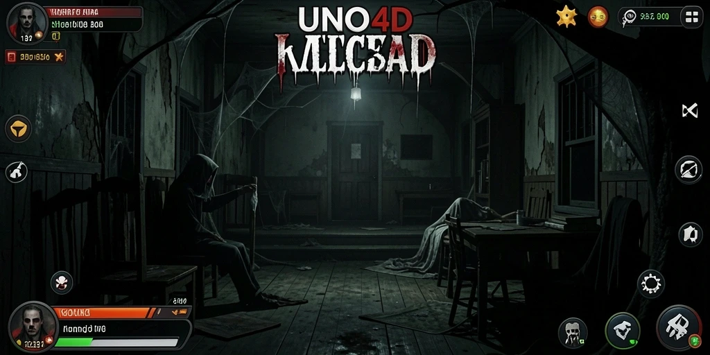 Screenshot gameplay UNO4D menampilkan suasana horor yang mencekam.